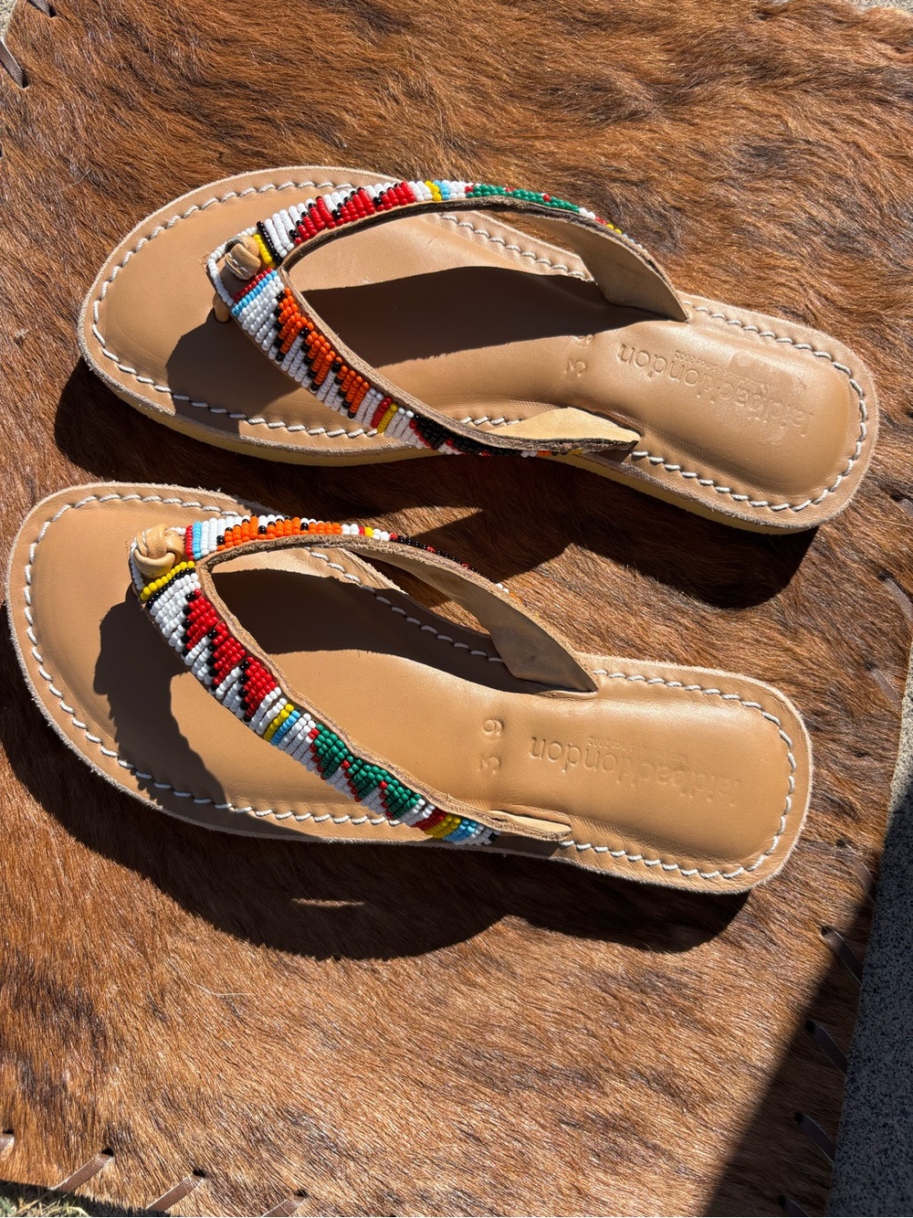 Beaded Multicolor Leather Thong Sandals - Women's Tan Footbed